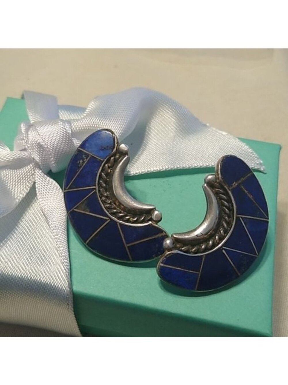 Lapis Lazuli Earrings Navajo made Andrew Johnson AJ Sterling MicroCut Crescent